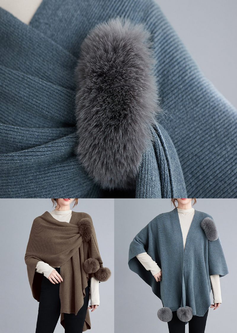 Blue Grey Patchwork Knit Cape Coats Fuzzy Ball Asymmetrisk Fall - Dame cardigans