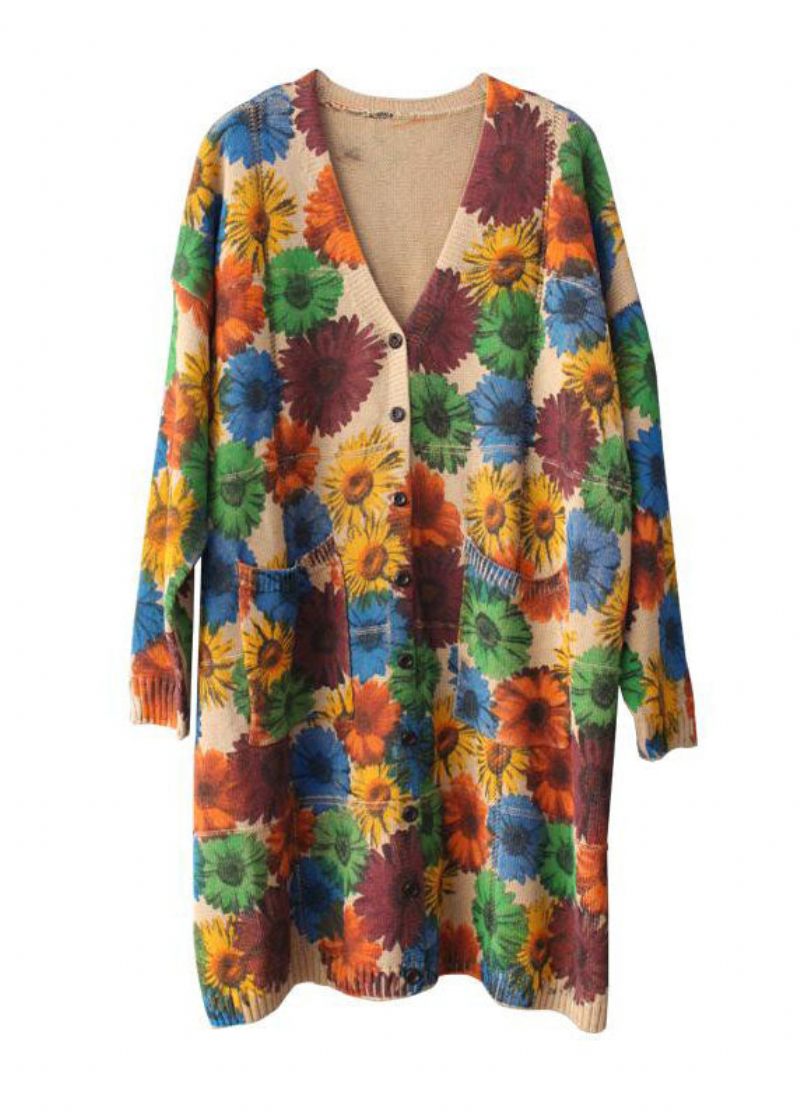 Bohemian Abricot V-hals Print Lommer Fall Strik Cardigan Langærmet - Dame cardigans