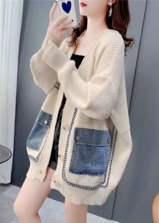 Bohemian Beige Oversized Denim Patchwork Strik Cardigan Vinter