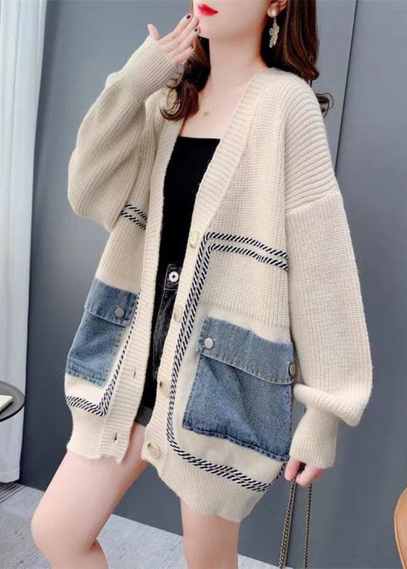 Bohemian Beige Oversized Denim Patchwork Strik Cardigan Vinter - Dame cardigans