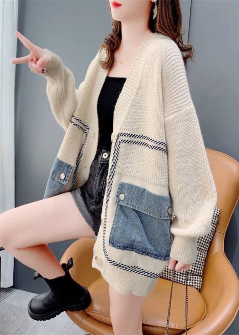 Bohemian Beige Oversized Denim Patchwork Strik Cardigan Vinter - Dame cardigans