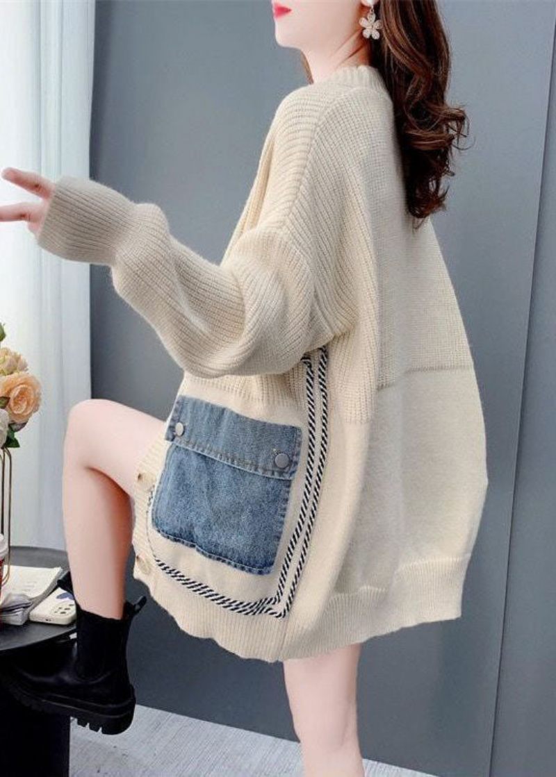 Bohemian Beige Oversized Denim Patchwork Strik Cardigan Vinter - Dame cardigans