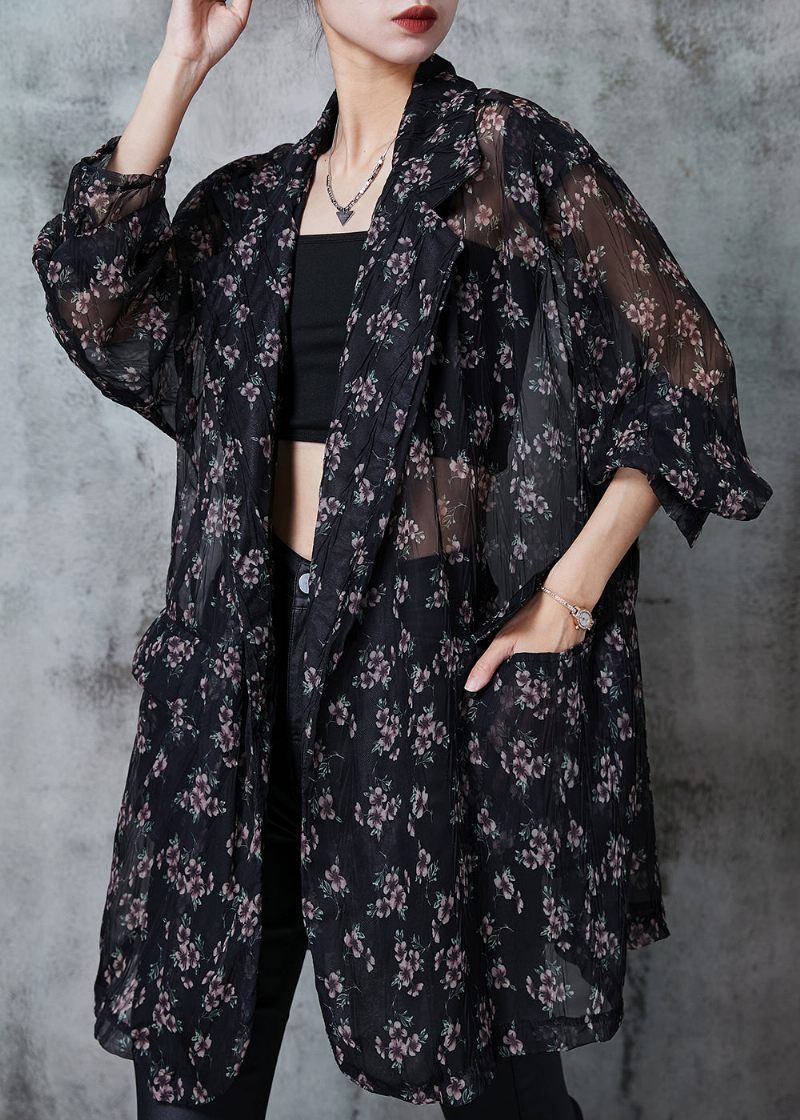 Bohemian Black Oversized Print Chiffon Cardigan Sommer - Dame cardigans