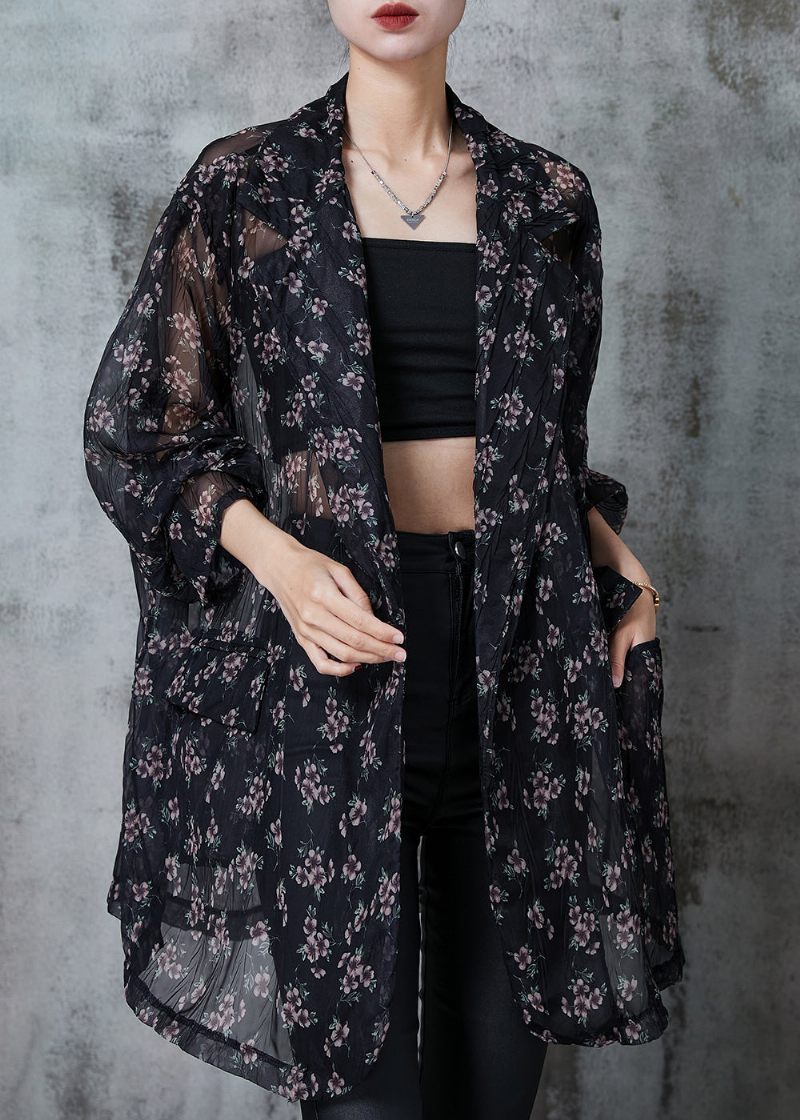 Bohemian Black Oversized Print Chiffon Cardigan Sommer - Dame cardigans