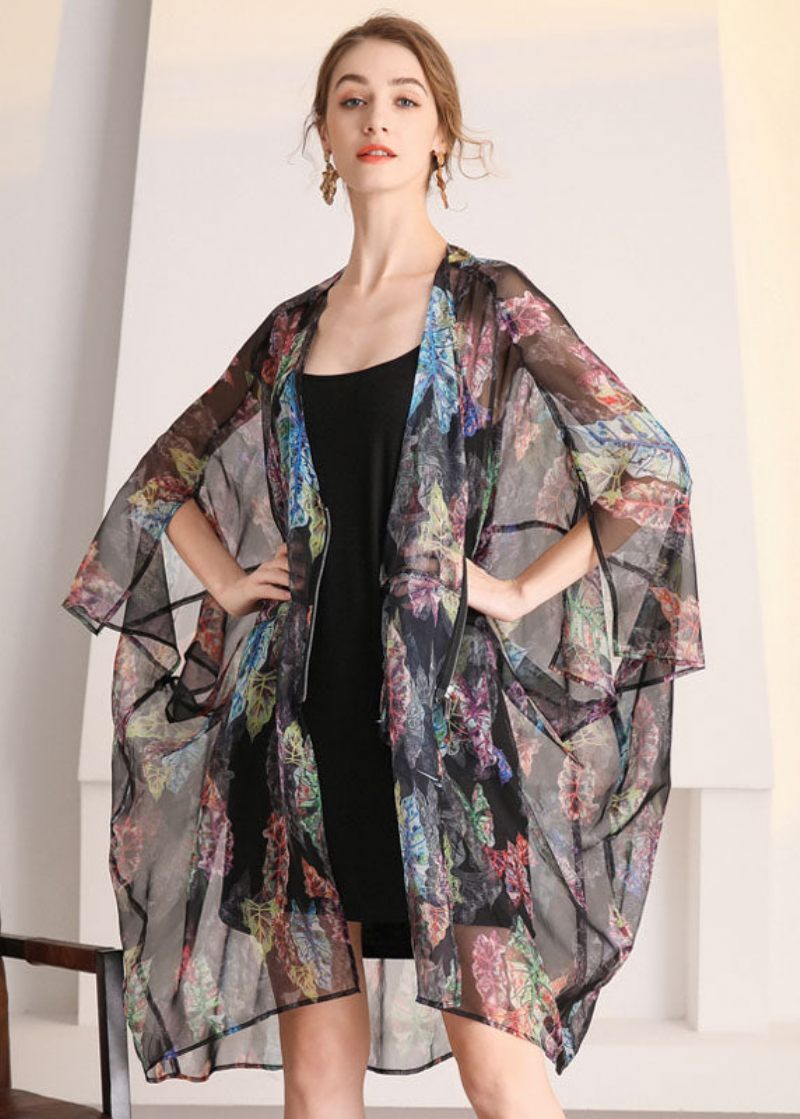 Bohemian Black Oversized Print Hollow Out Tulle Cardigan Summer - Dame cardigans