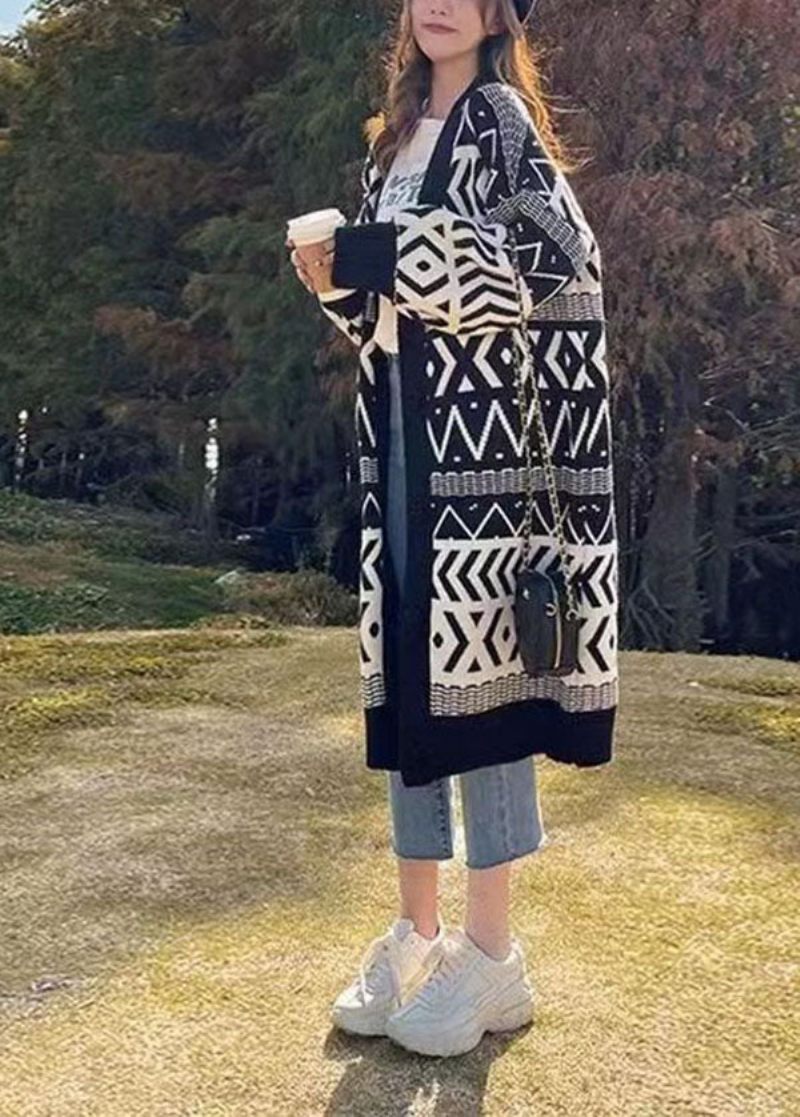 Bohemian Black Oversized Print Tyk Strik Løs Cardigan Vinter