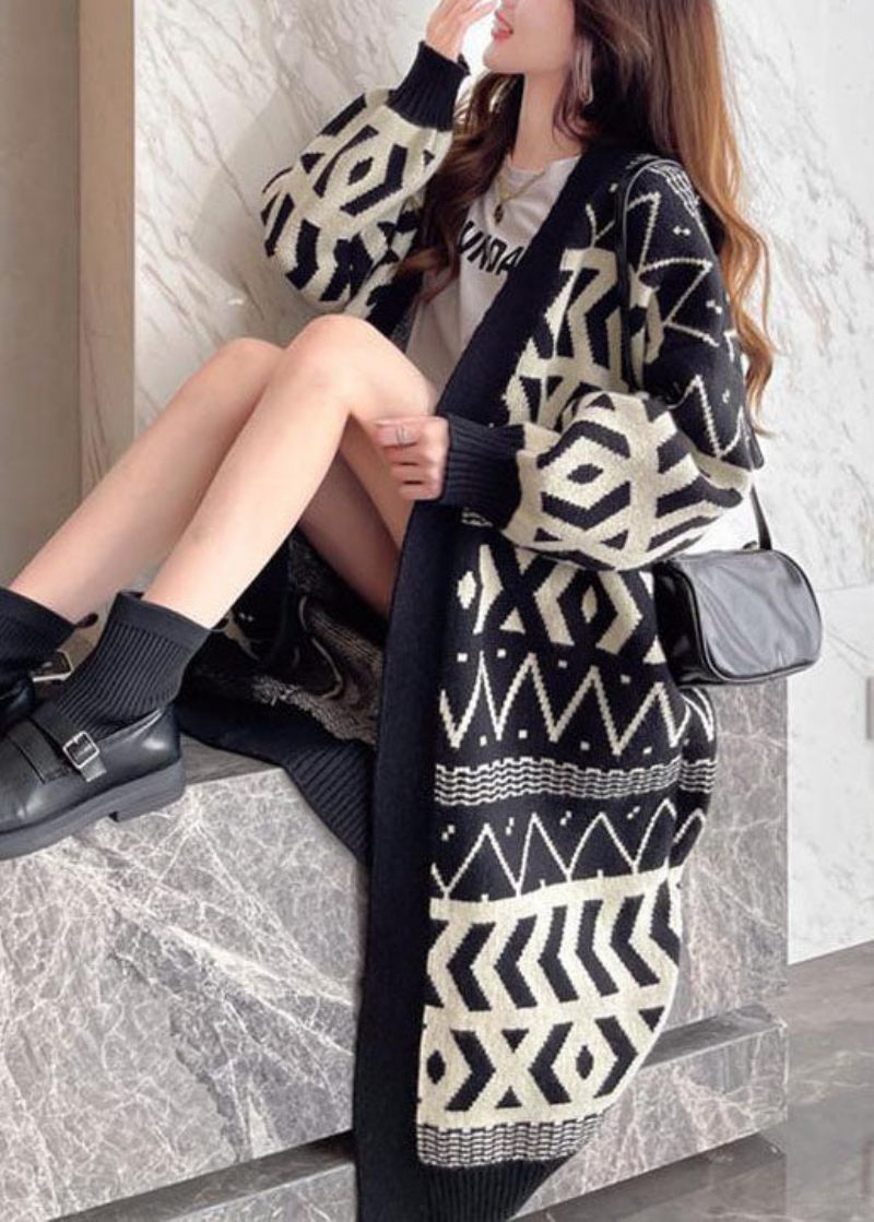 Bohemian Black Oversized Print Tyk Strik Løs Cardigan Vinter - Dame cardigans