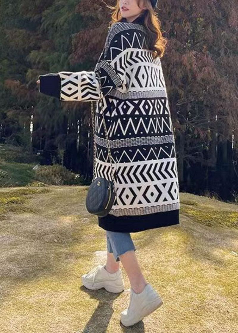 Bohemian Black Oversized Print Tyk Strik Løs Cardigan Vinter - Dame cardigans