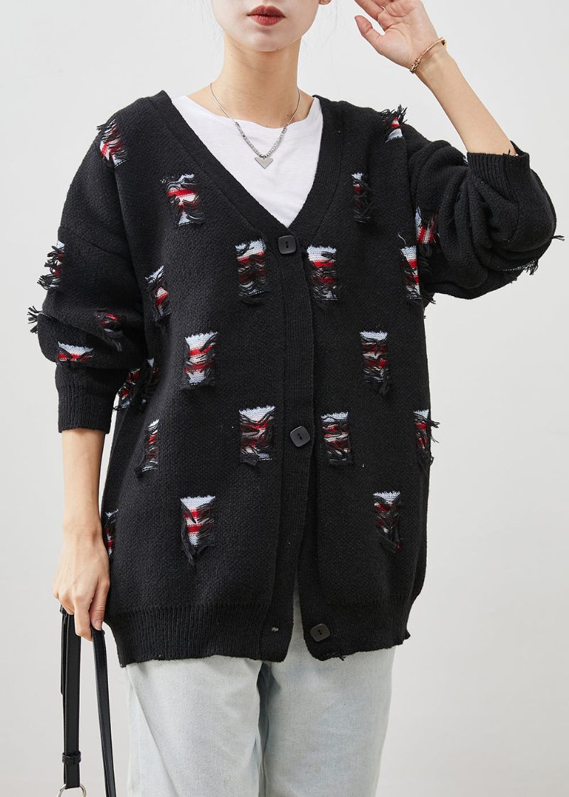 Bohemian Black Oversized Ripped Thick Knit Coat Spring - Dame cardigans