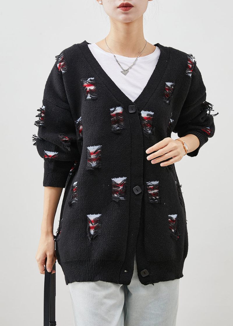 Bohemian Black Oversized Ripped Thick Knit Coat Spring - Dame cardigans