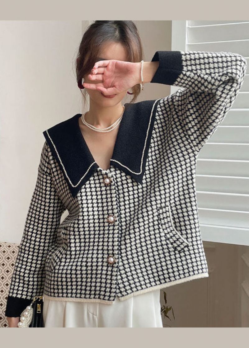 Bohemian Black Peter Pan Krave Plaid Strik Coat Spring - Dame cardigans