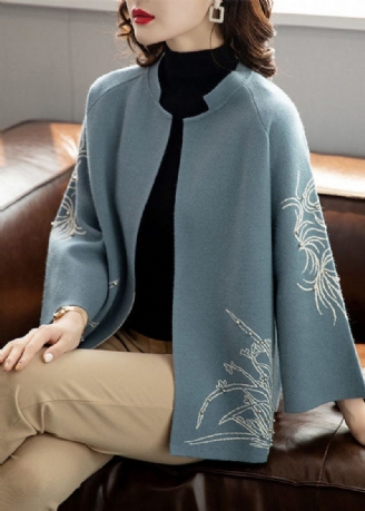 Bohemian Blue O-neck Print Uld Loose Coat Langærmet