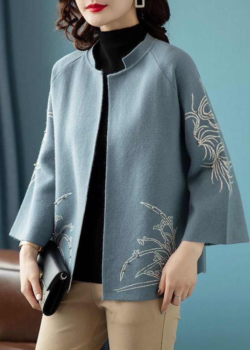 Bohemian Blue O-neck Print Uld Loose Coat Langærmet - Blå