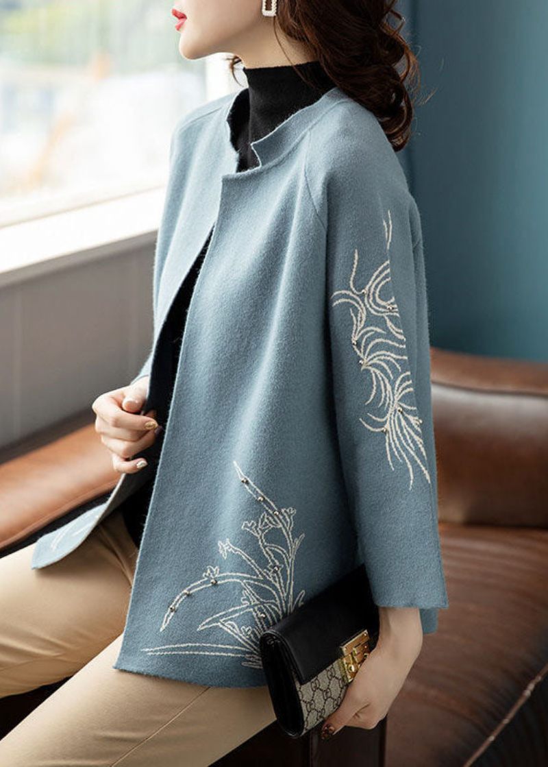 Bohemian Blue O-neck Print Uld Loose Coat Langærmet - Blå