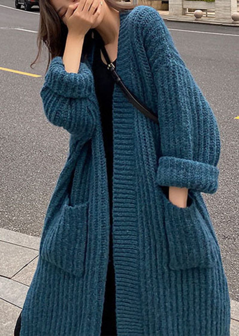 Bohemian Blue Pockets Knit Cardigan Spring - Blå