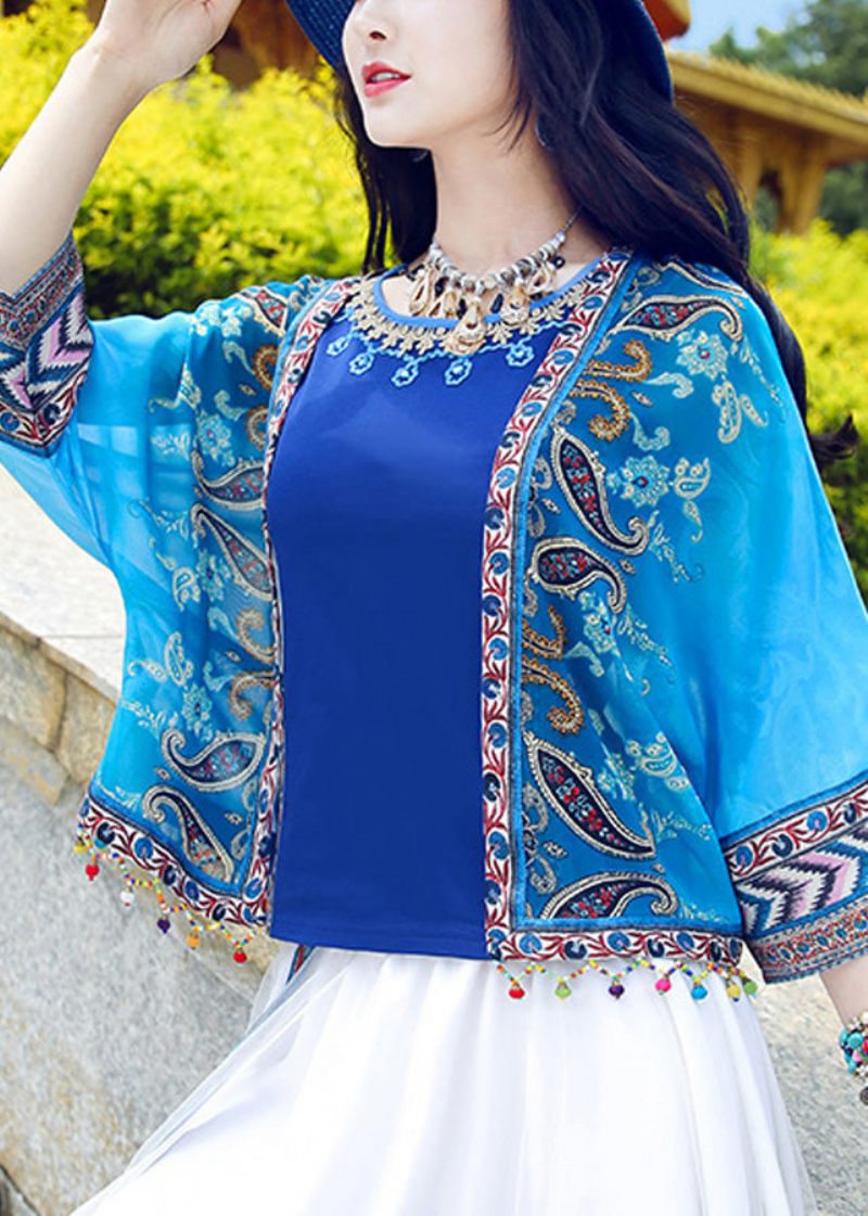 Bohemian Blue V Neck Print Kvast Cardigan Summer - Dame cardigans