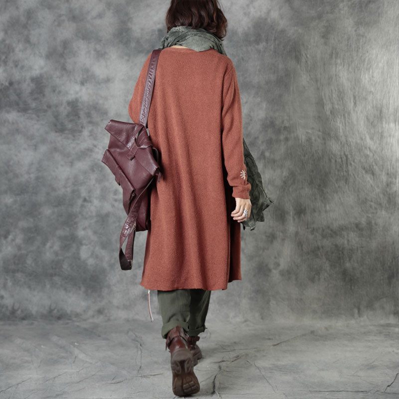 Bohemian Brick Red Strik Lommer Broderet Fall Cardigan Langærmet - Gul