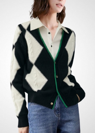 Bohemian Colorblock V-hals Patchwork Plaid Uld Strik Cardigan Vinter