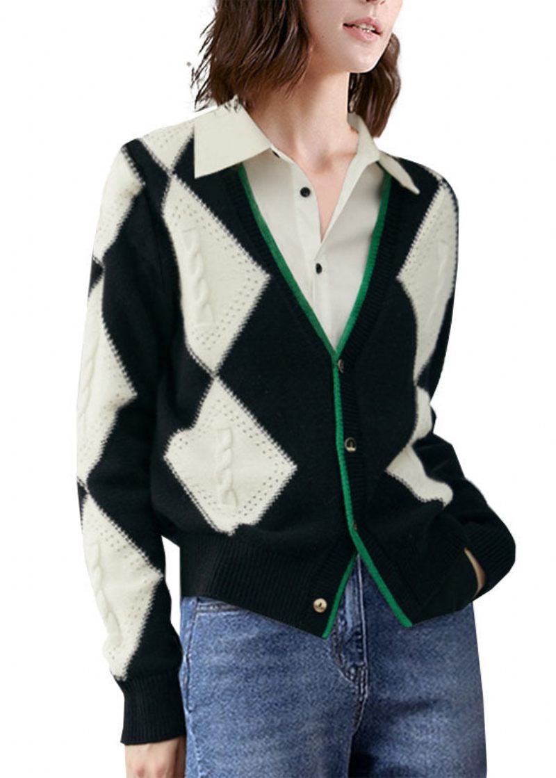 Bohemian Colorblock V-hals Patchwork Plaid Uld Strik Cardigan Vinter - Dame cardigans