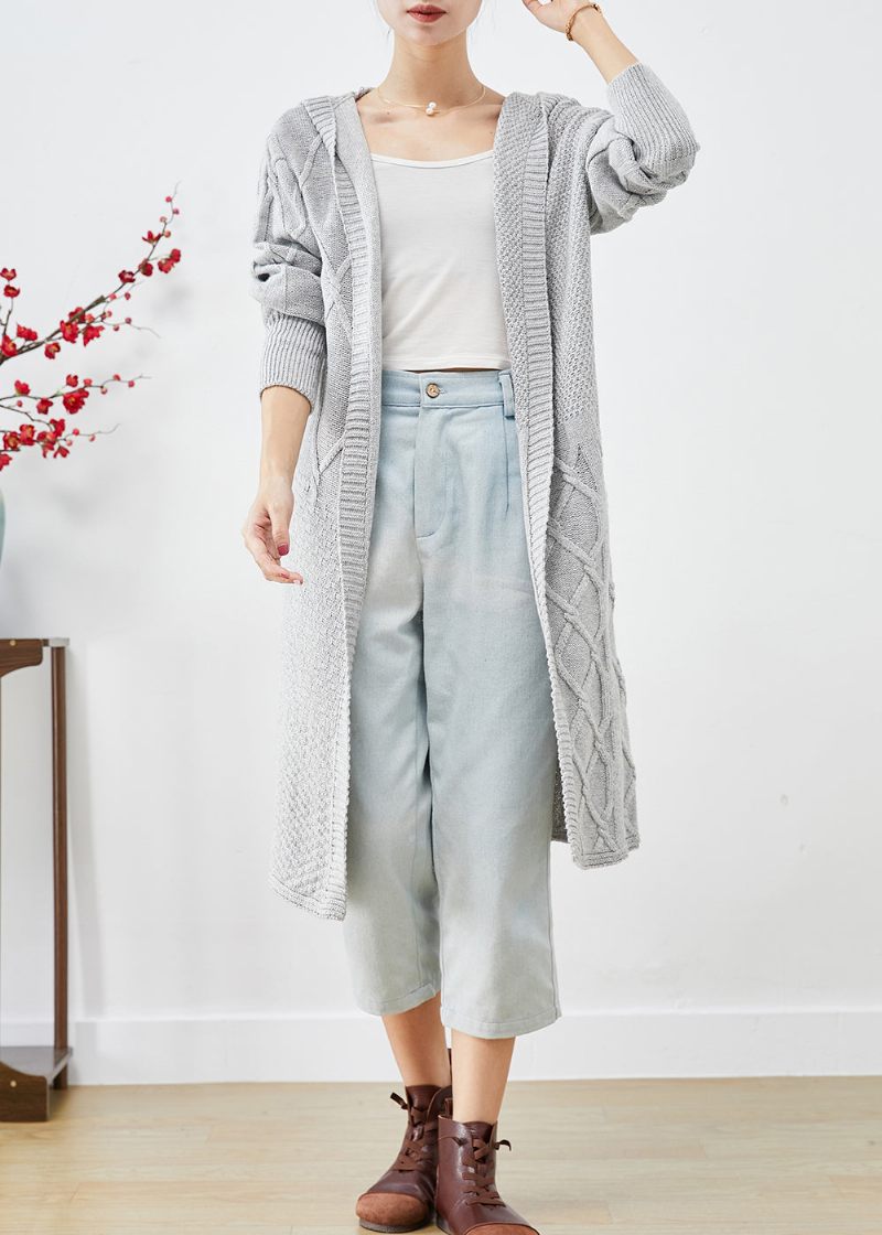 Bohemian Grå Hætte Oversized Lange Cardigans Efterår