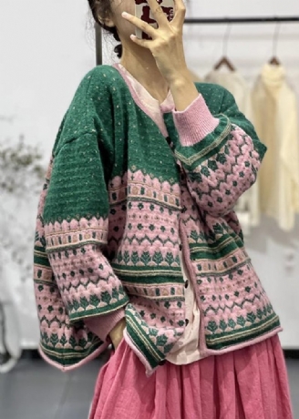 Bohemian Green O-hals Broderede Knap Strik Cardigans Fall