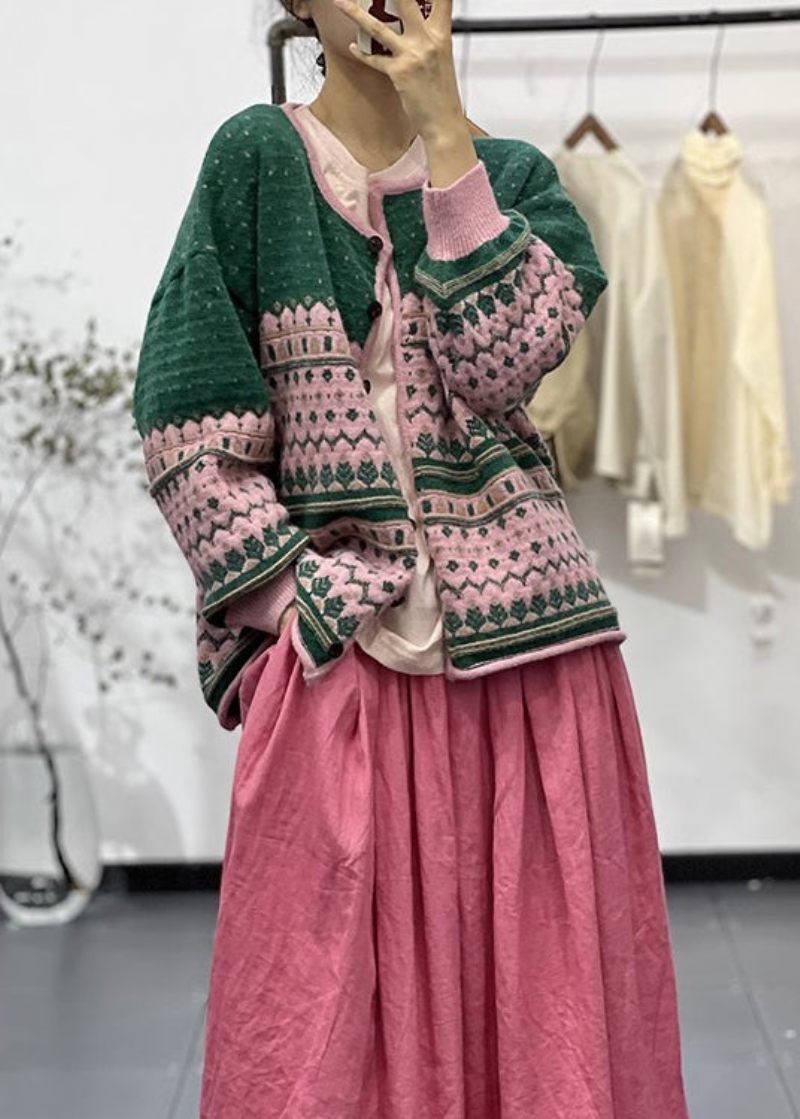 Bohemian Green O-hals Broderede Knap Strik Cardigans Fall - Dame cardigans