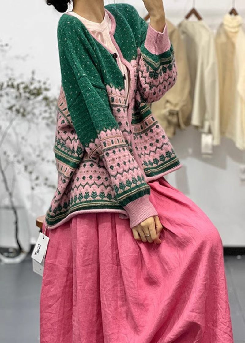 Bohemian Green O-hals Broderede Knap Strik Cardigans Fall - Dame cardigans