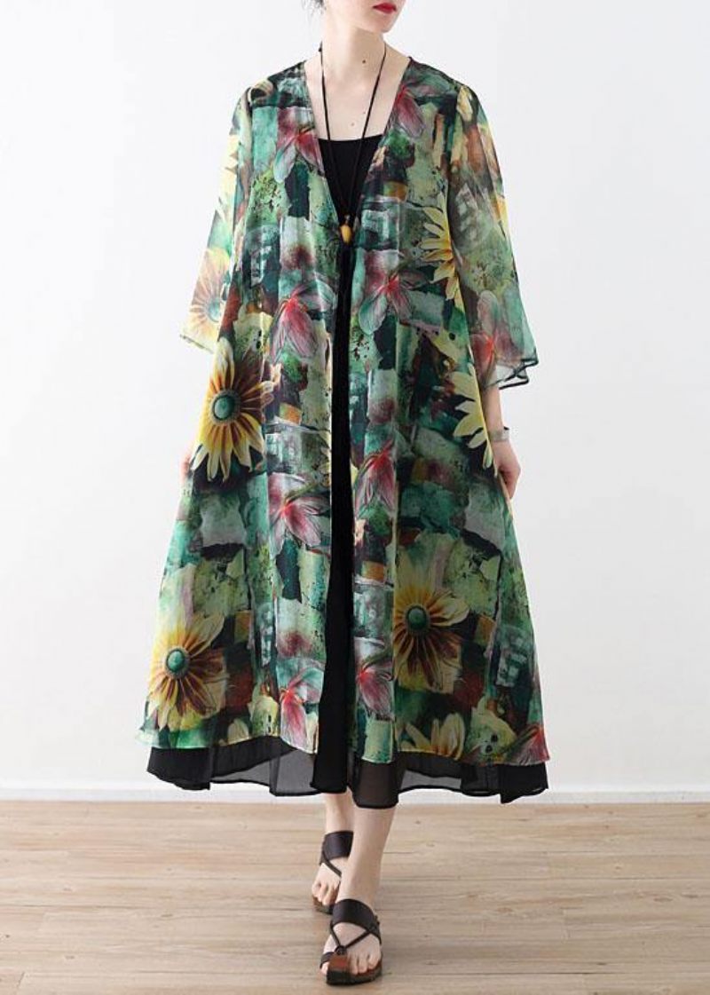 Bohemian Green Print Langærmet Chiffon Lang Cardigan