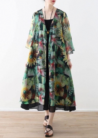 Bohemian Green Print Langærmet Chiffon Lang Cardigan