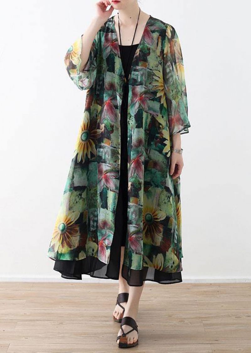 Bohemian Green Print Langærmet Chiffon Lang Cardigan - Dame cardigans