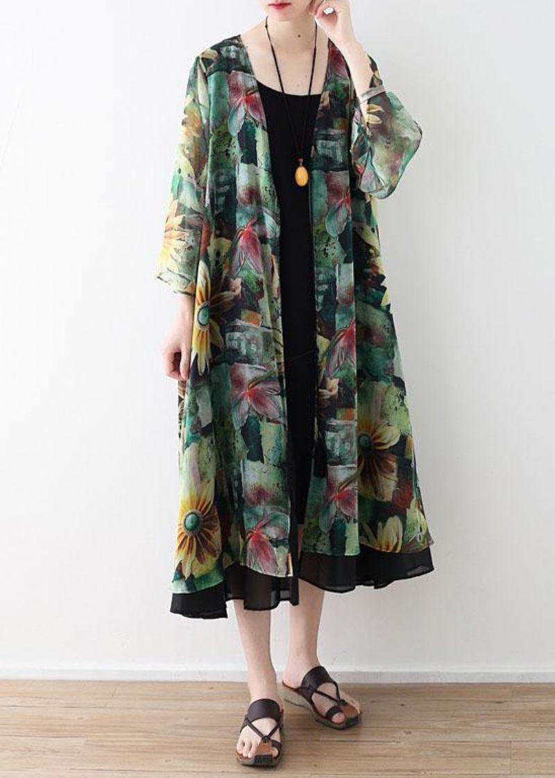 Bohemian Green Print Langærmet Chiffon Lang Cardigan - Dame cardigans