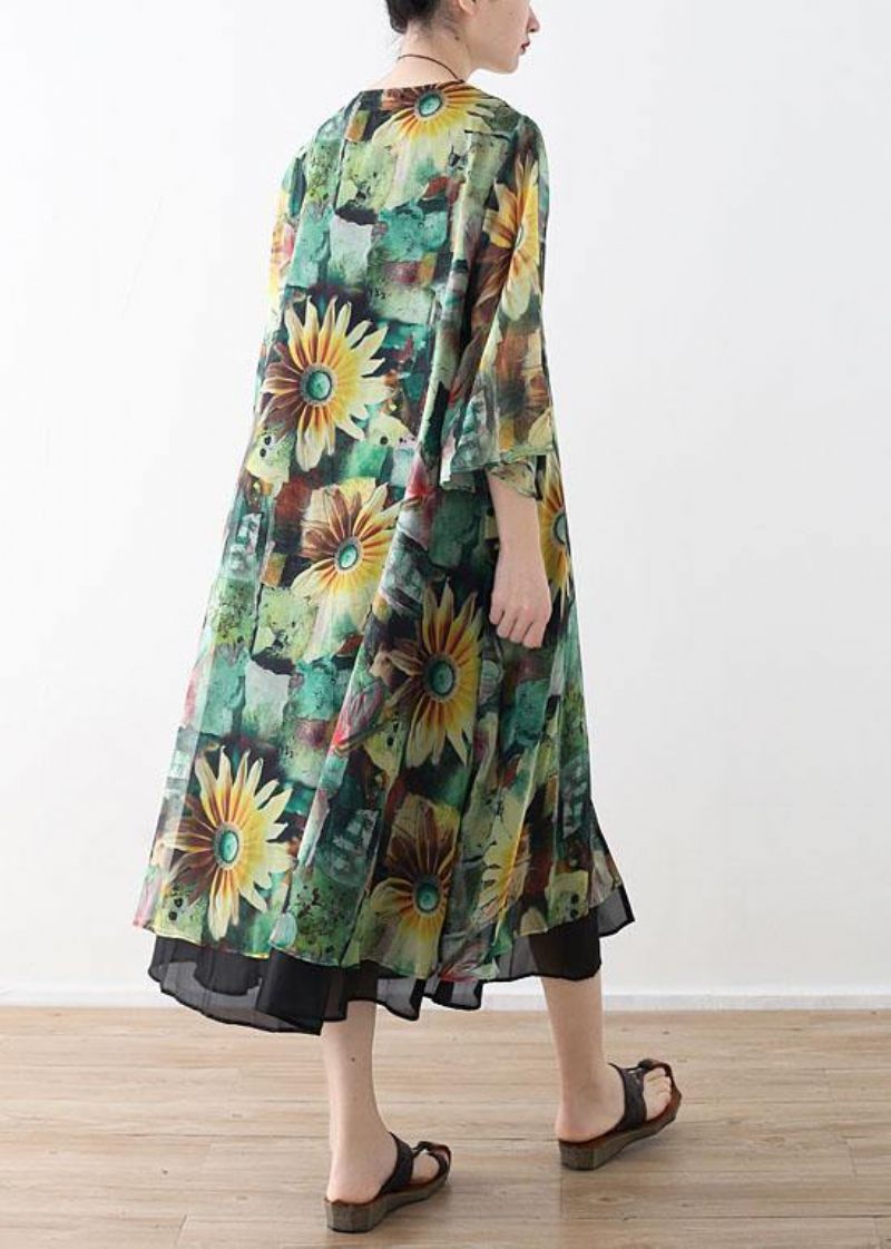 Bohemian Green Print Langærmet Chiffon Lang Cardigan - Dame cardigans