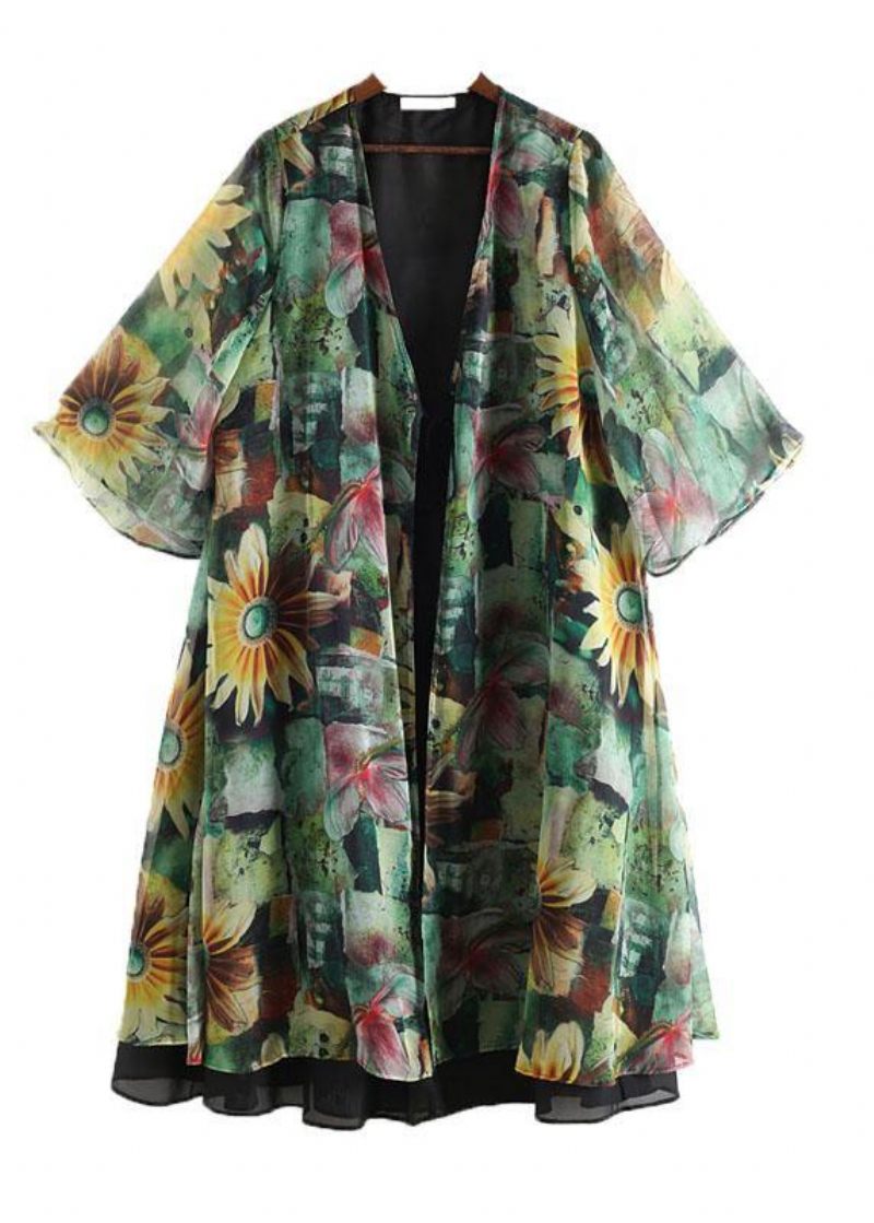 Bohemian Green Print Langærmet Chiffon Lang Cardigan - Dame cardigans