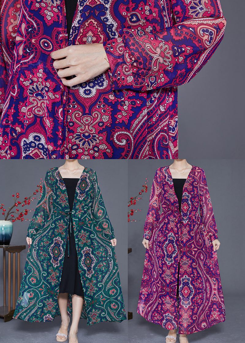 Bohemian Green Print Tie Talje Chiffon Lang Cardigan Sommer - Dame cardigans