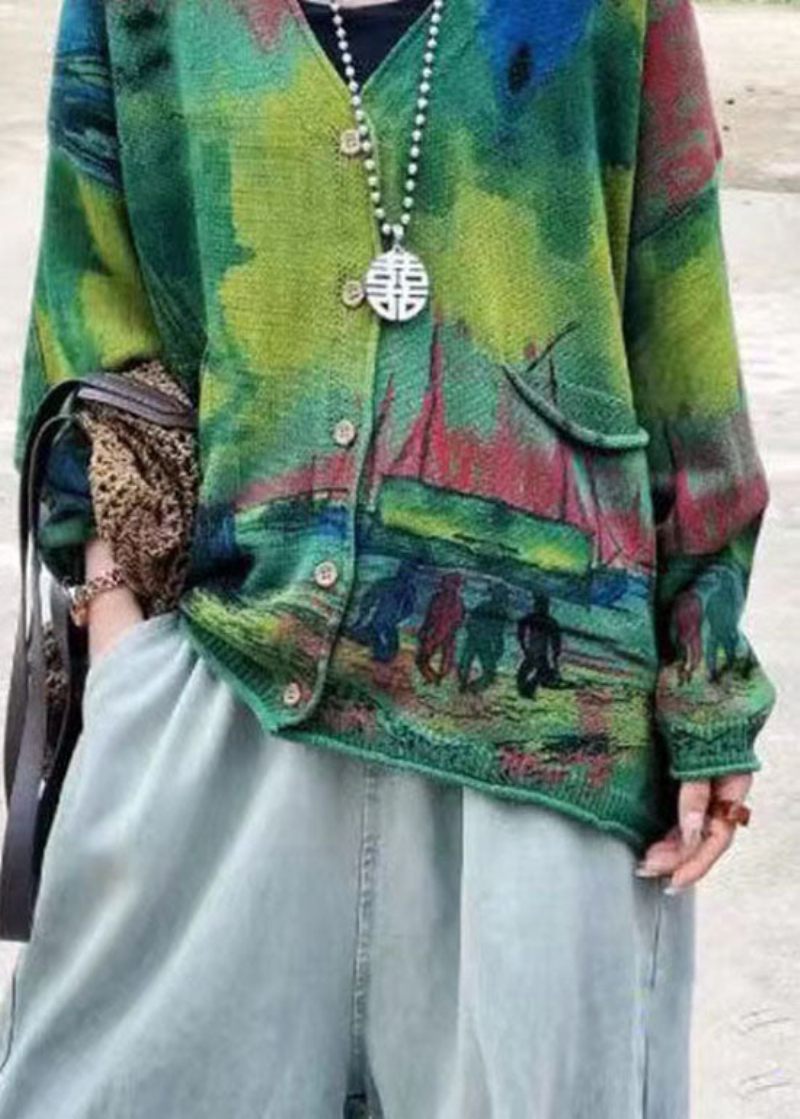 Bohemian Green V-hals Print Lommer Strik Cardigans Langærmet - Dame cardigans