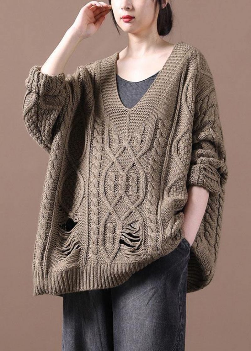 Bohemian Khaki Hole V Neck Fall Hyggelig Sweater