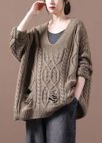 Bohemian Khaki Hole V Neck Fall Hyggelig Sweater