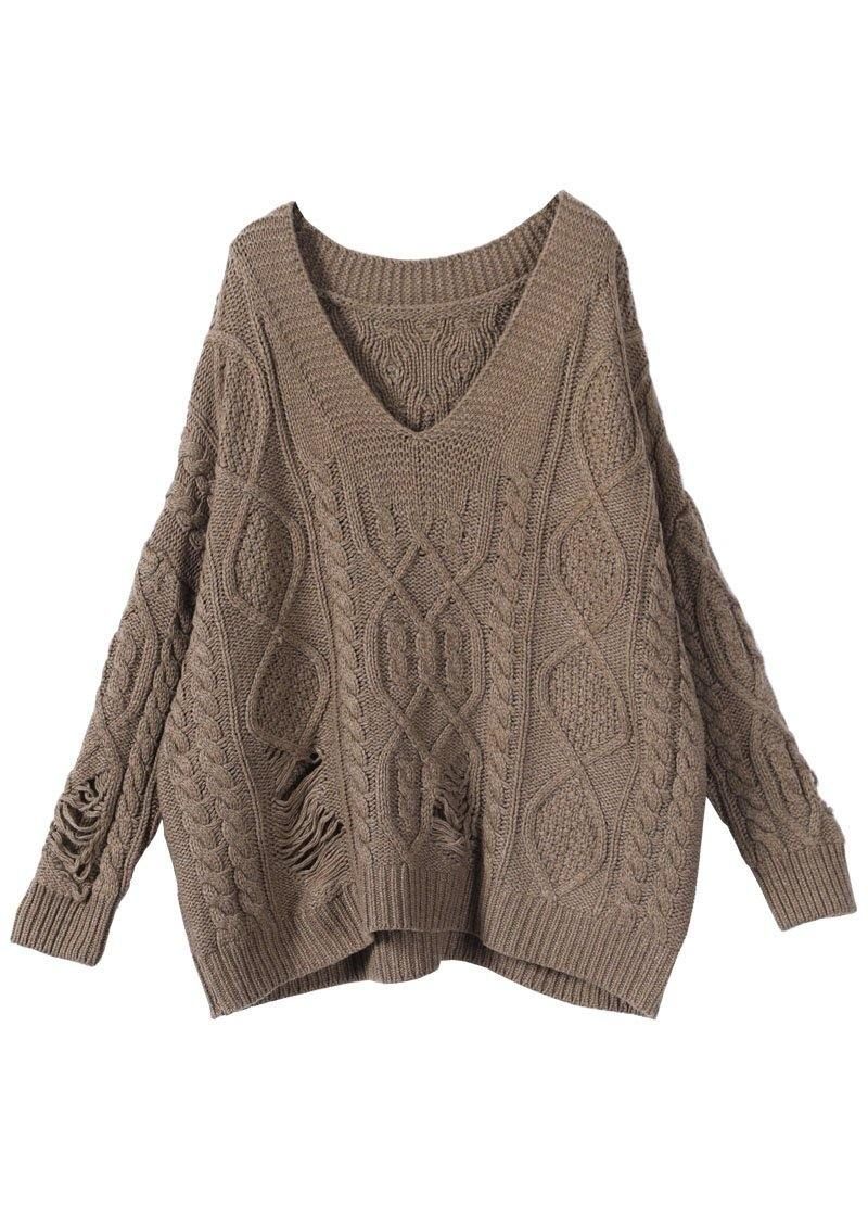 Bohemian Khaki Hole V Neck Fall Hyggelig Sweater - Kaki