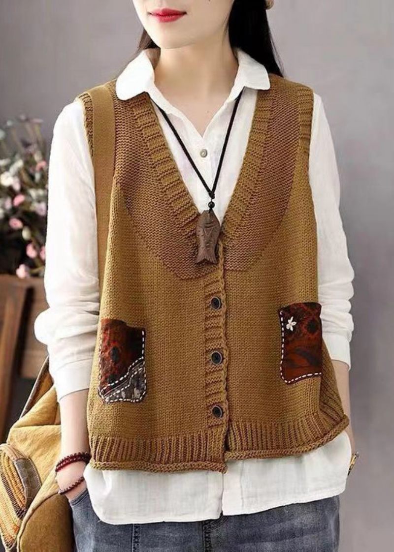 Bohemian Khaki Knaplommer Patchwork Bomuldsstrikket Vest Ærmeløs