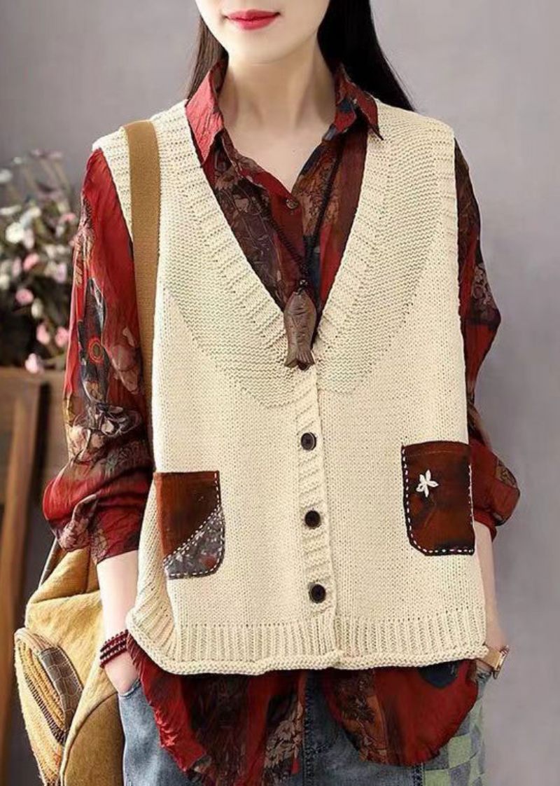 Bohemian Khaki Knaplommer Patchwork Bomuldsstrikket Vest Ærmeløs - Dame cardigans