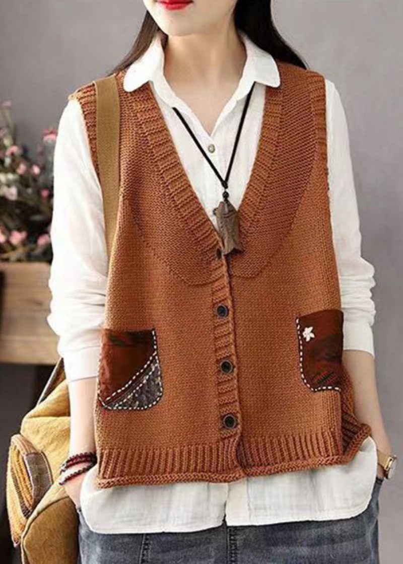 Bohemian Khaki Knaplommer Patchwork Bomuldsstrikket Vest Ærmeløs - Dame cardigans