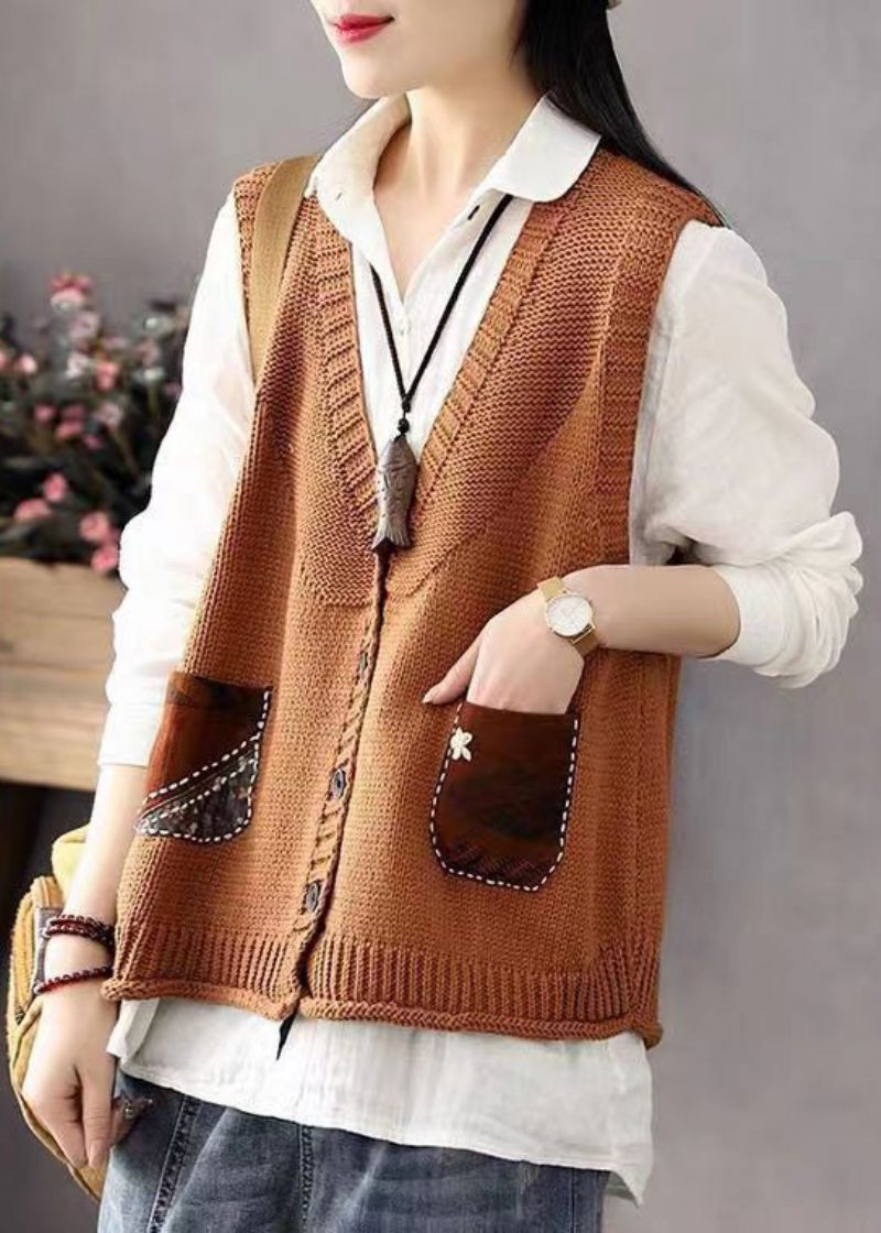 Bohemian Khaki Knaplommer Patchwork Bomuldsstrikket Vest Ærmeløs - Dame cardigans