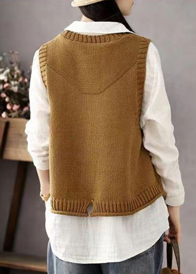 Bohemian Khaki Knaplommer Patchwork Bomuldsstrikket Vest Ærmeløs - Dame cardigans