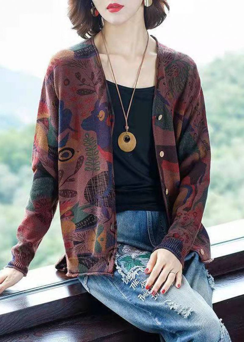 Bohemian Khaki V Neck Print Button Strik Cardigan Spring - Dame cardigans