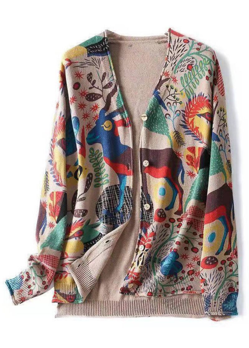 Bohemian Khaki V Neck Print Button Strik Cardigan Spring - Dame cardigans