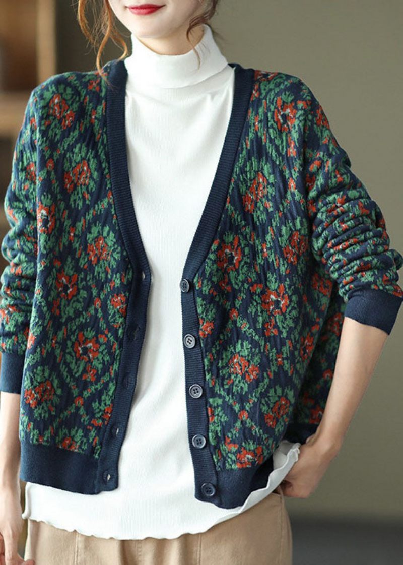 Bohemian Navy V Neck Print Strik Cardigan Winter