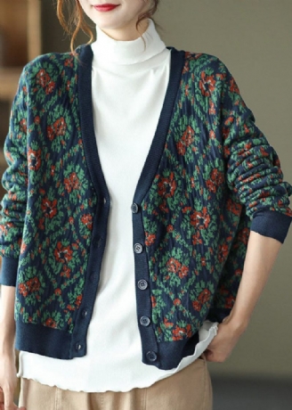 Bohemian Navy V Neck Print Strik Cardigan Winter