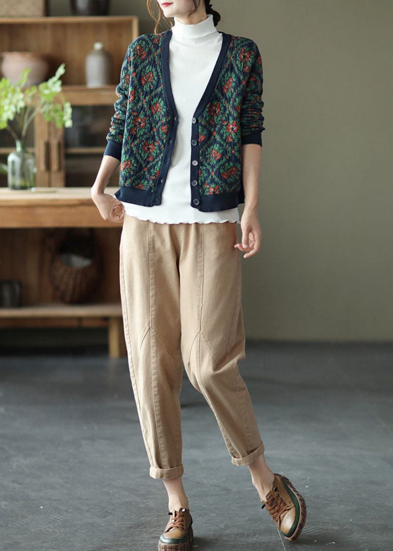 Bohemian Navy V Neck Print Strik Cardigan Winter - Dame cardigans