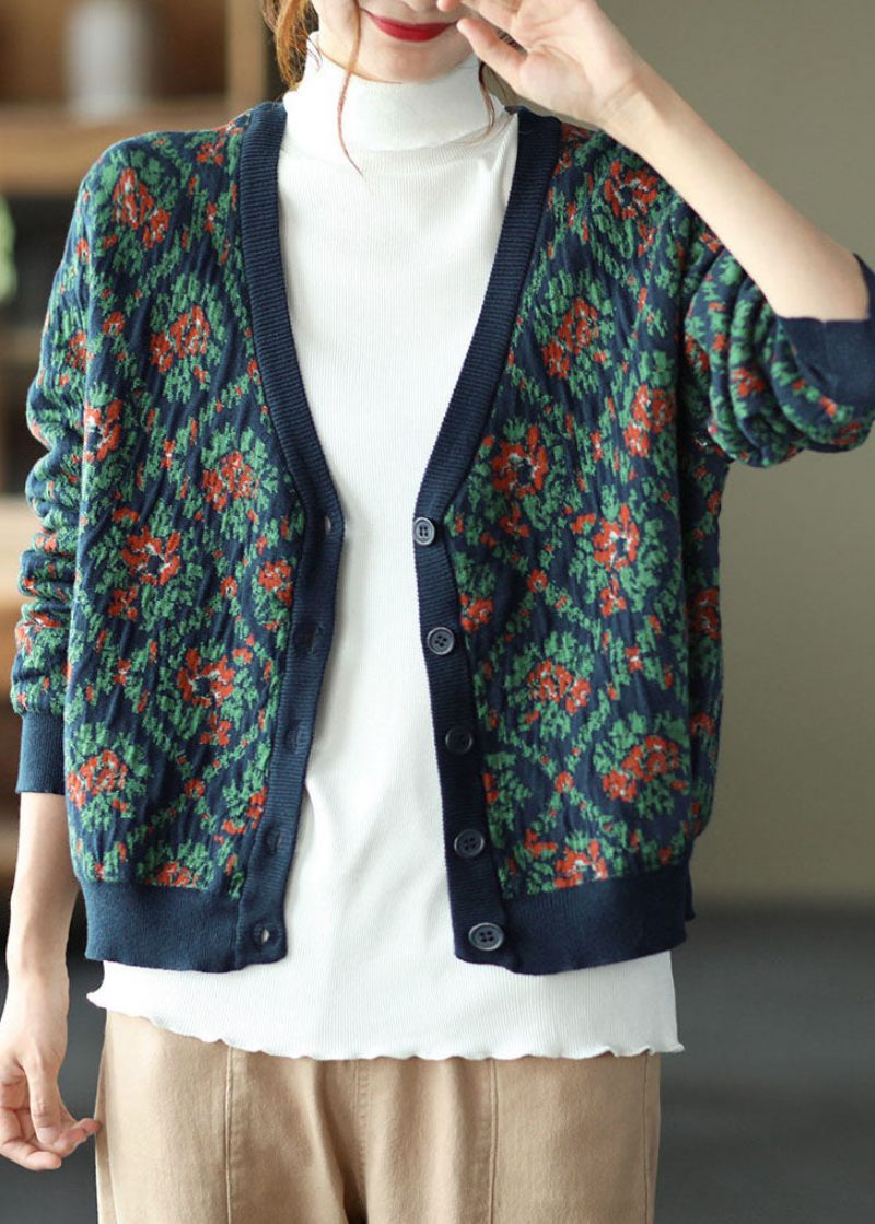 Bohemian Navy V Neck Print Strik Cardigan Winter - Dame cardigans