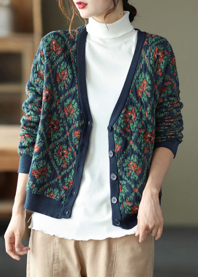 Bohemian Navy V Neck Print Strik Cardigan Winter - Dame cardigans